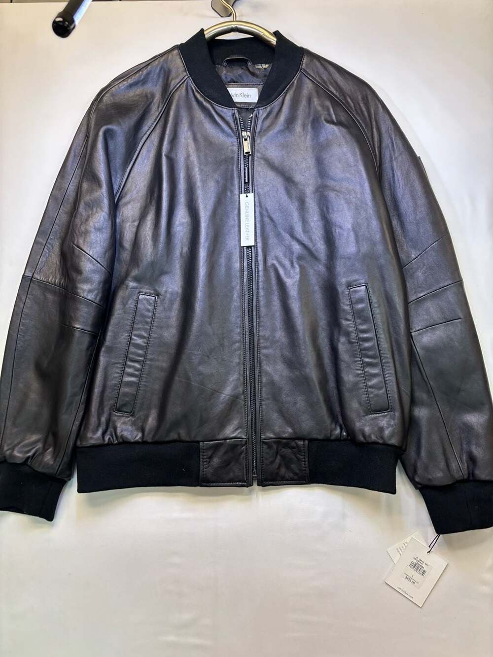 Calvin Klein Men's Genuine Leather Bomber Jacket Black Size L